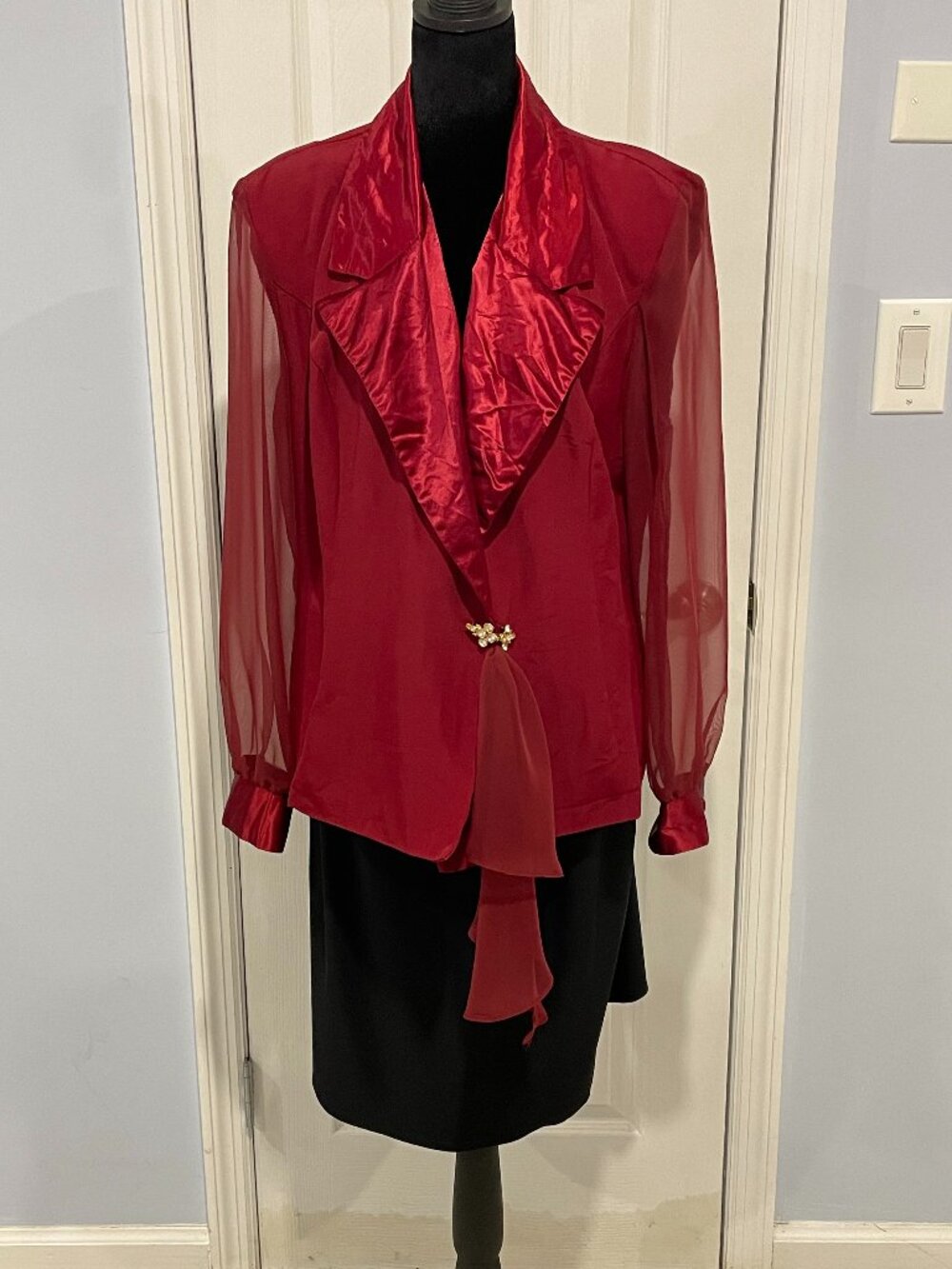 Vintage Habits 2-Piece Skirt Suit Set Claret Red Sheer Blouse & Black Skirt 16